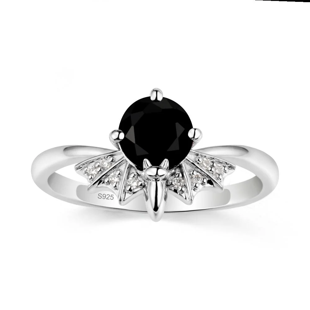 Round Cut Black Spinel Bat Ring