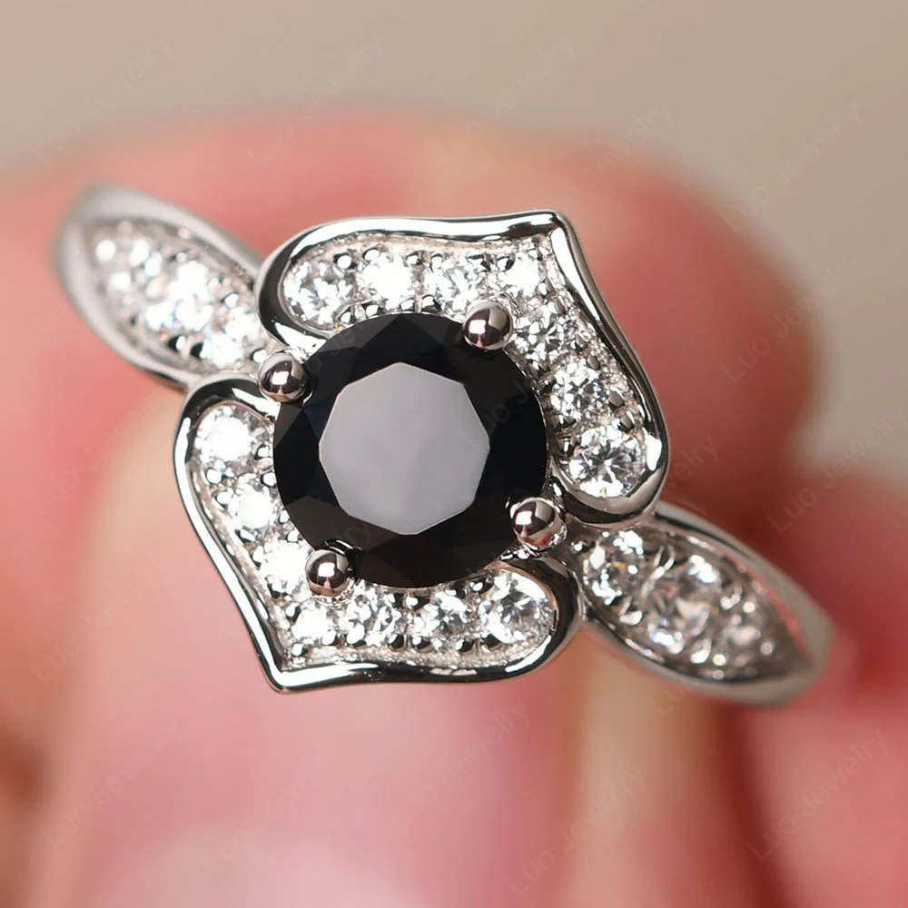 Round Cut Black Spinel Dainty Engagement Ring