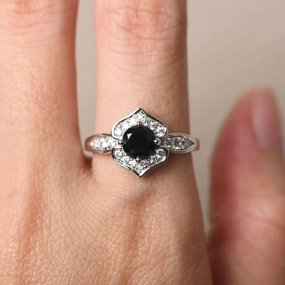 Round Cut Black Spinel Dainty Engagement Ring - Image 5