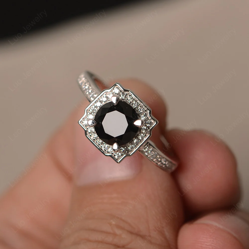 Round Cut Black Spinel Halo Engagement Ring