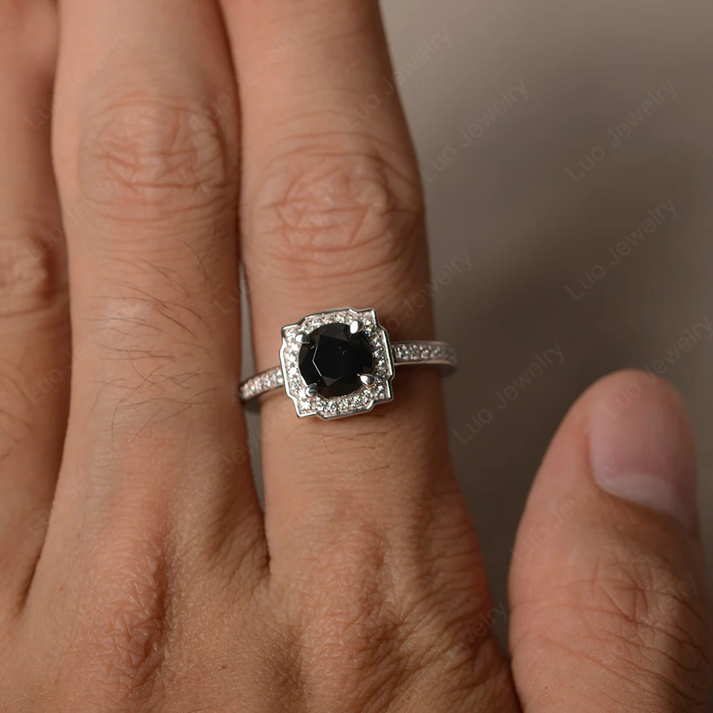 Round Cut Black Spinel Halo Engagement Ring - Image 3