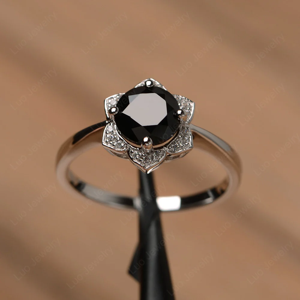 Black Spinel Lotus Flower Ring