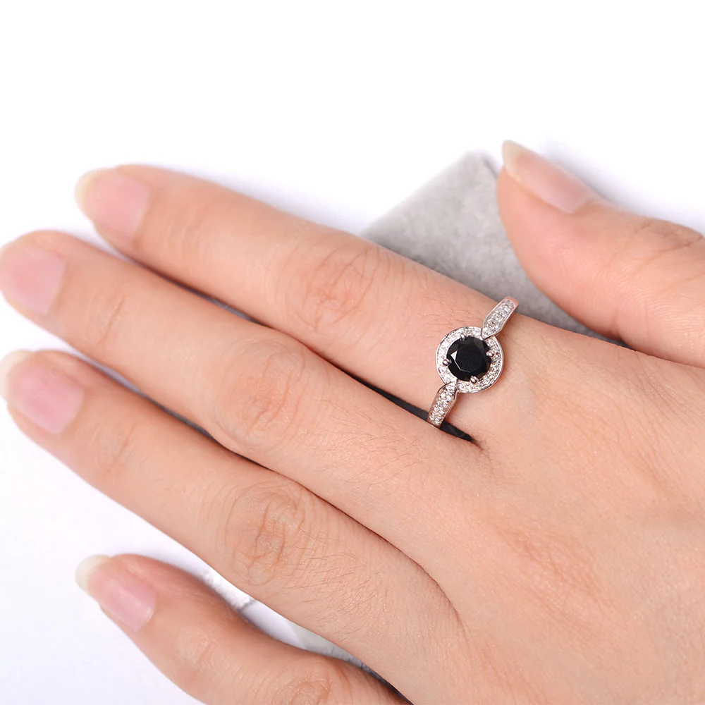 Round Cut Black Spinel Halo Ring - Image 4