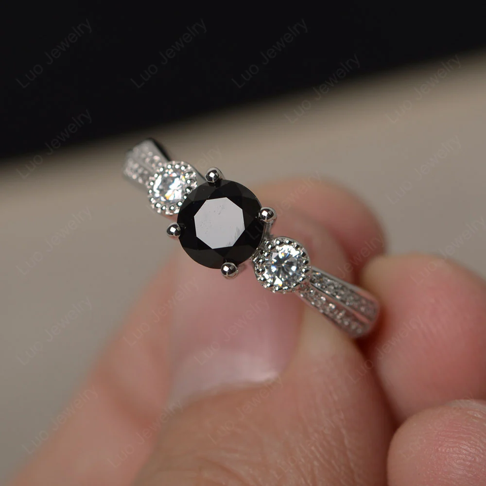 Black Spinel Ring with Two Row Pave