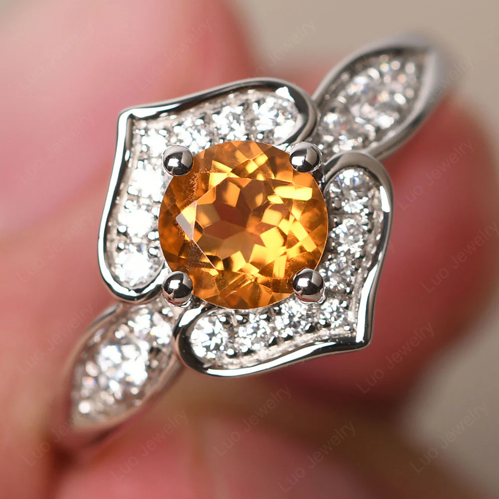 Round Cut Citrine Dainty Engagement Ring