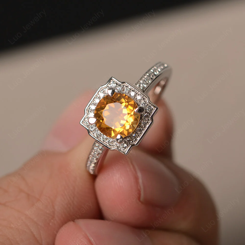 Round Cut Citrine Halo Engagement Ring