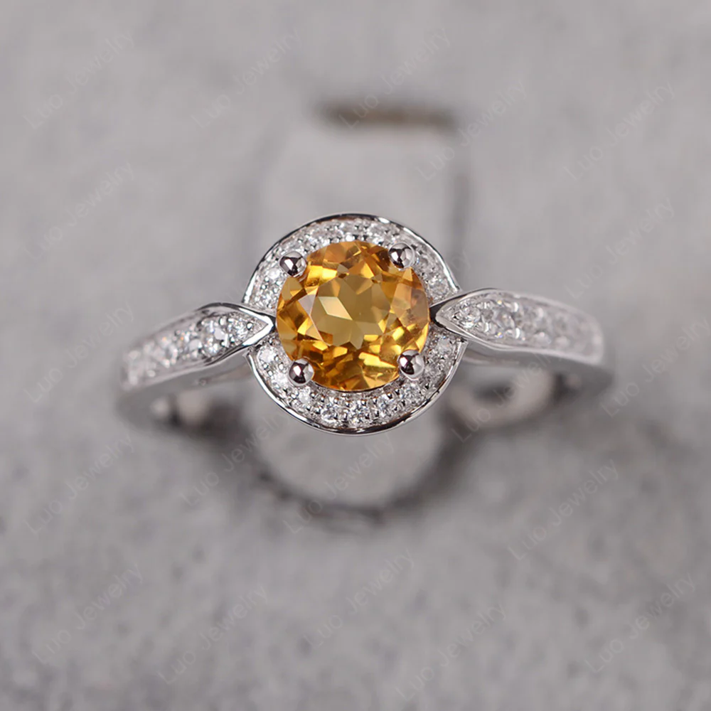 Round Cut Citrine Halo Ring