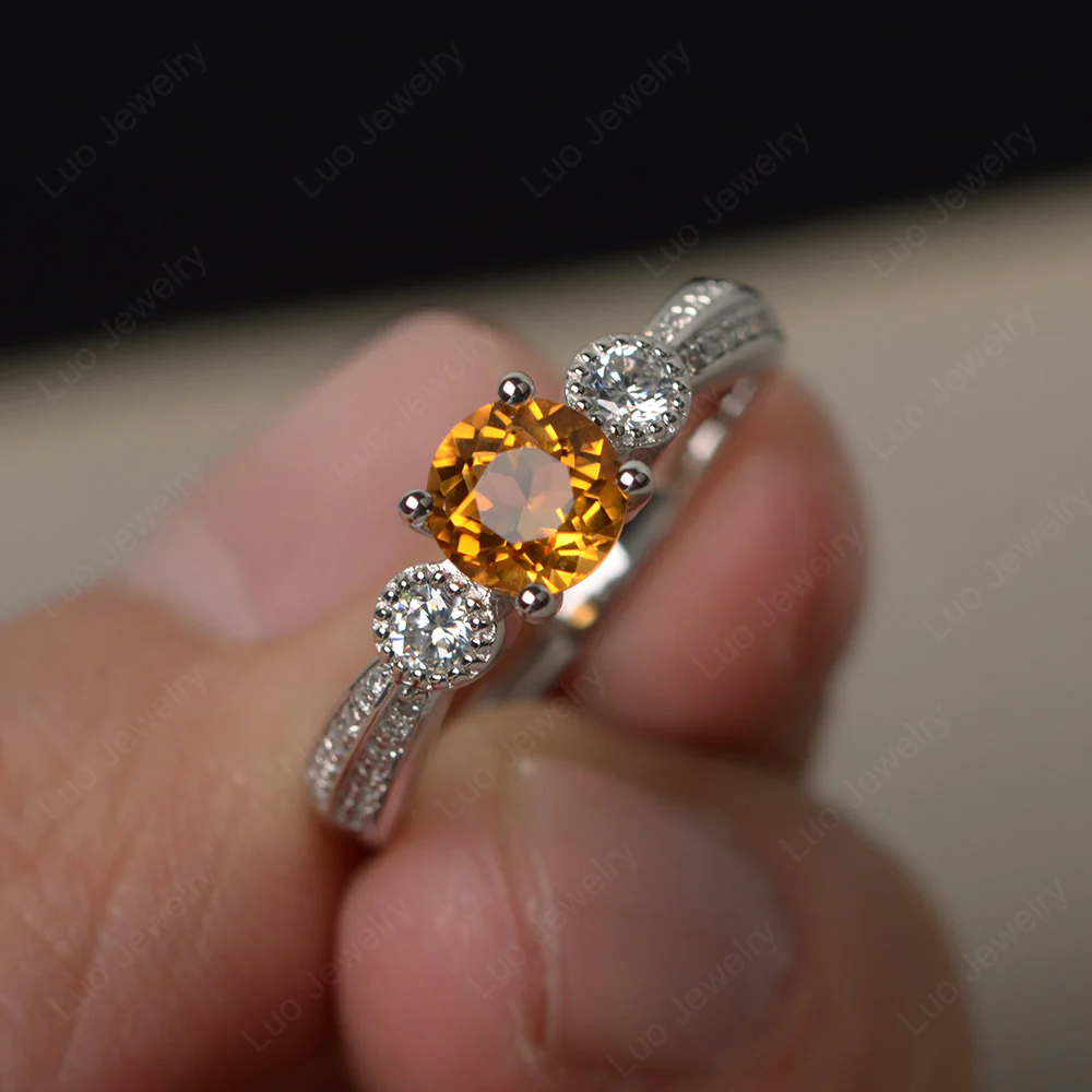 Citrine Ring with Two Row Pave