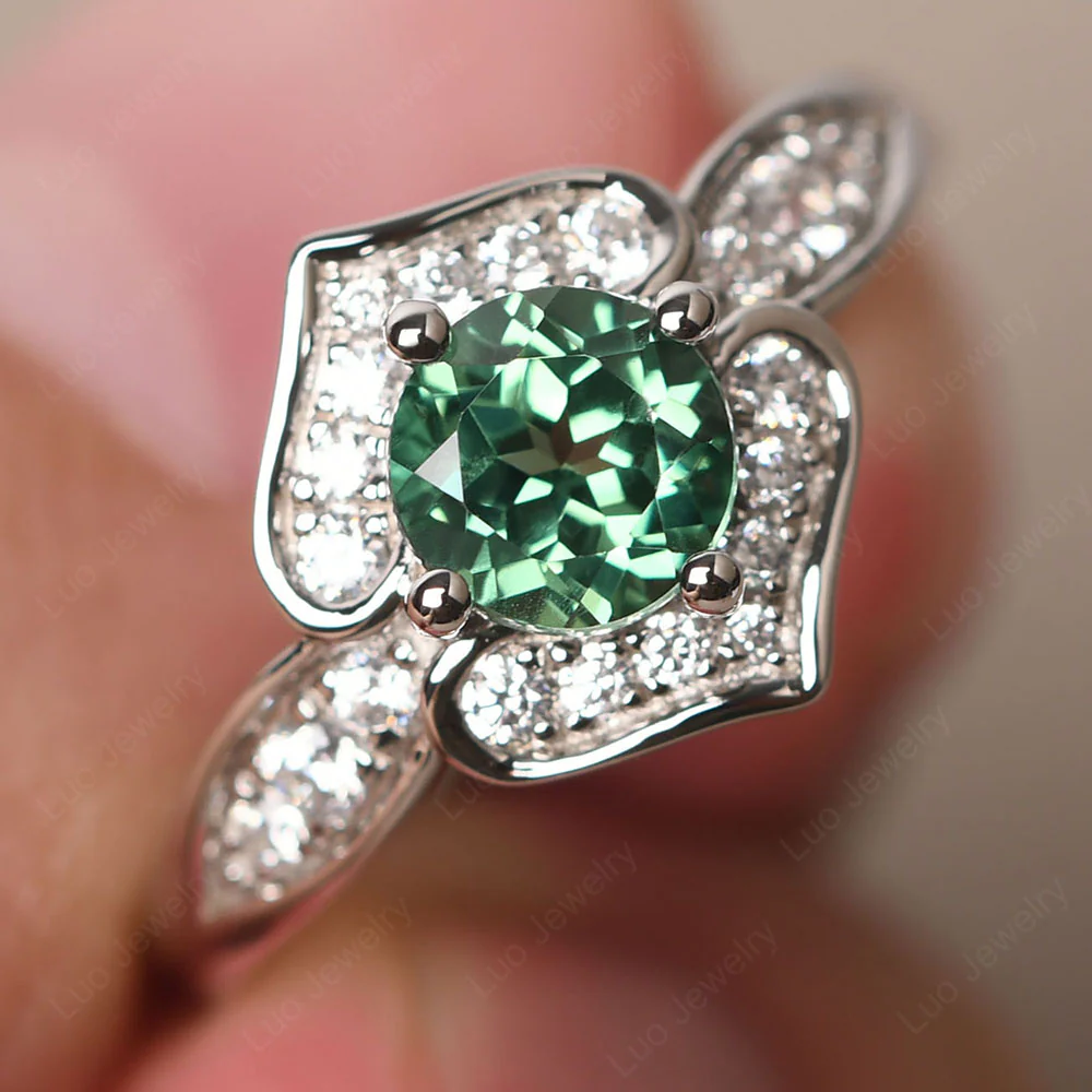 Round Cut Green Sapphire Dainty Engagement Ring