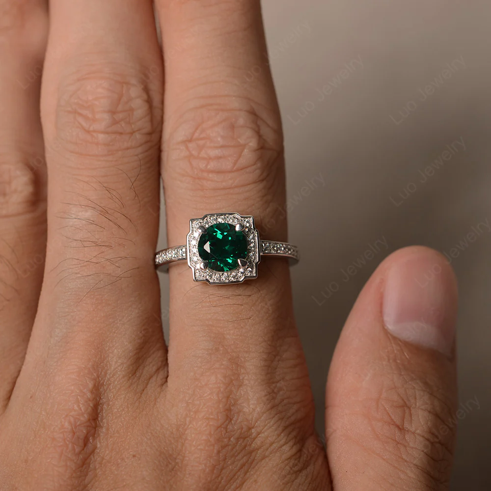 Round Cut Emerald Halo Engagement Ring - Image 3
