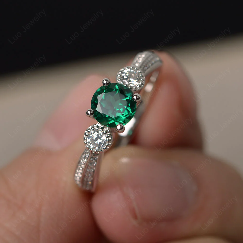 Emerald Ring with Two Row Pave