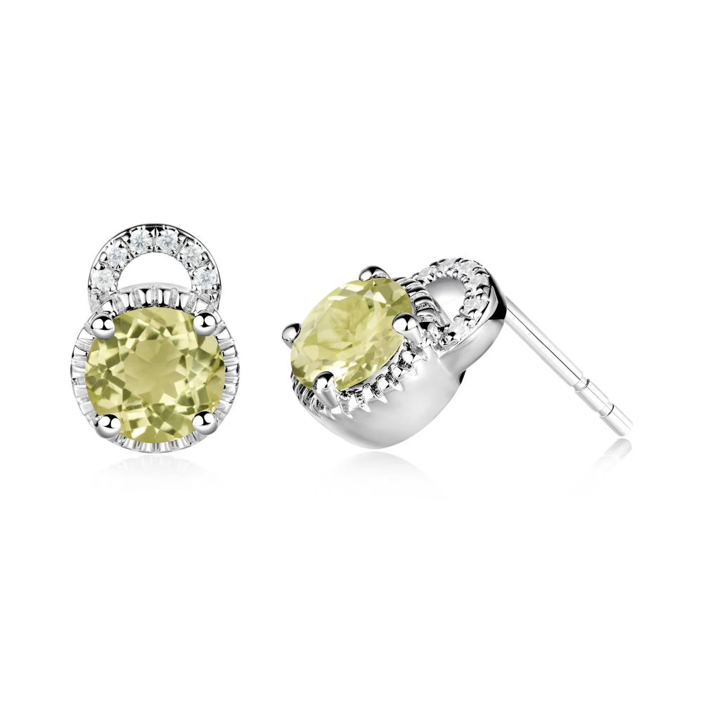 Round Cut Lemon Quartz Halo Stud Earrings - Image 3