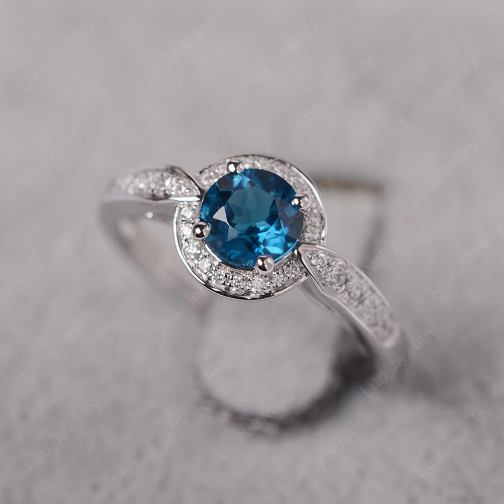 Round Cut London Blue Topaz Halo Ring
