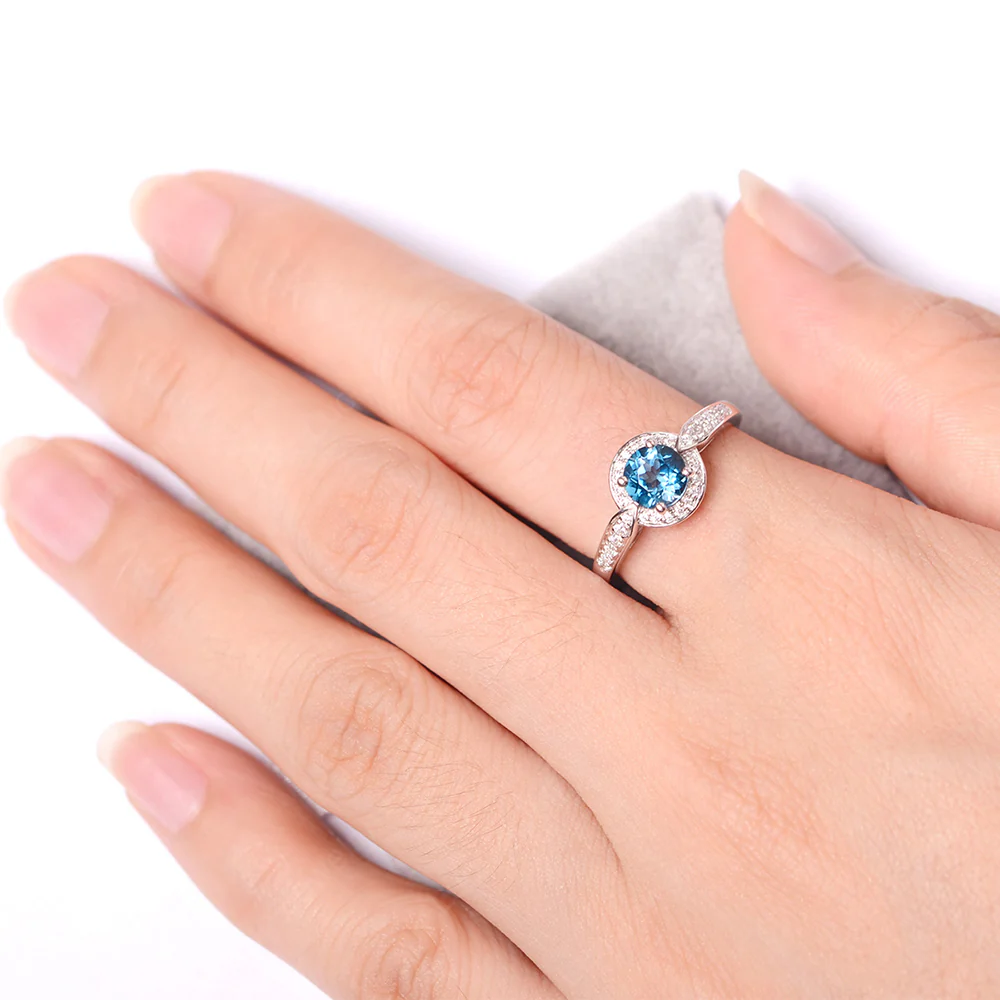 Round Cut London Blue Topaz Halo Ring - Image 4