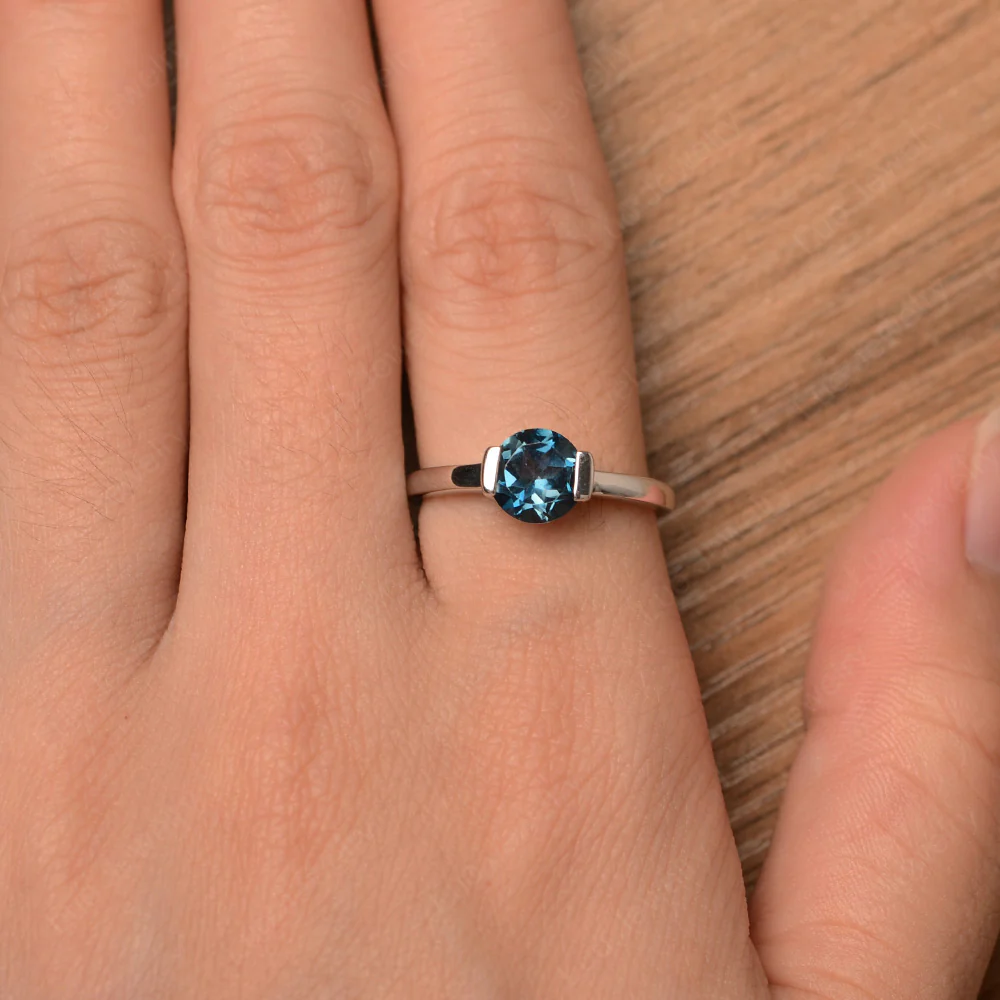 Round Cut London Blue Topaz Solitaire Bezel Ring - Image 4