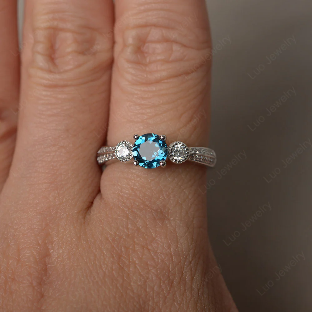 London Blue Topaz Ring with Two Row Pave - Image 3
