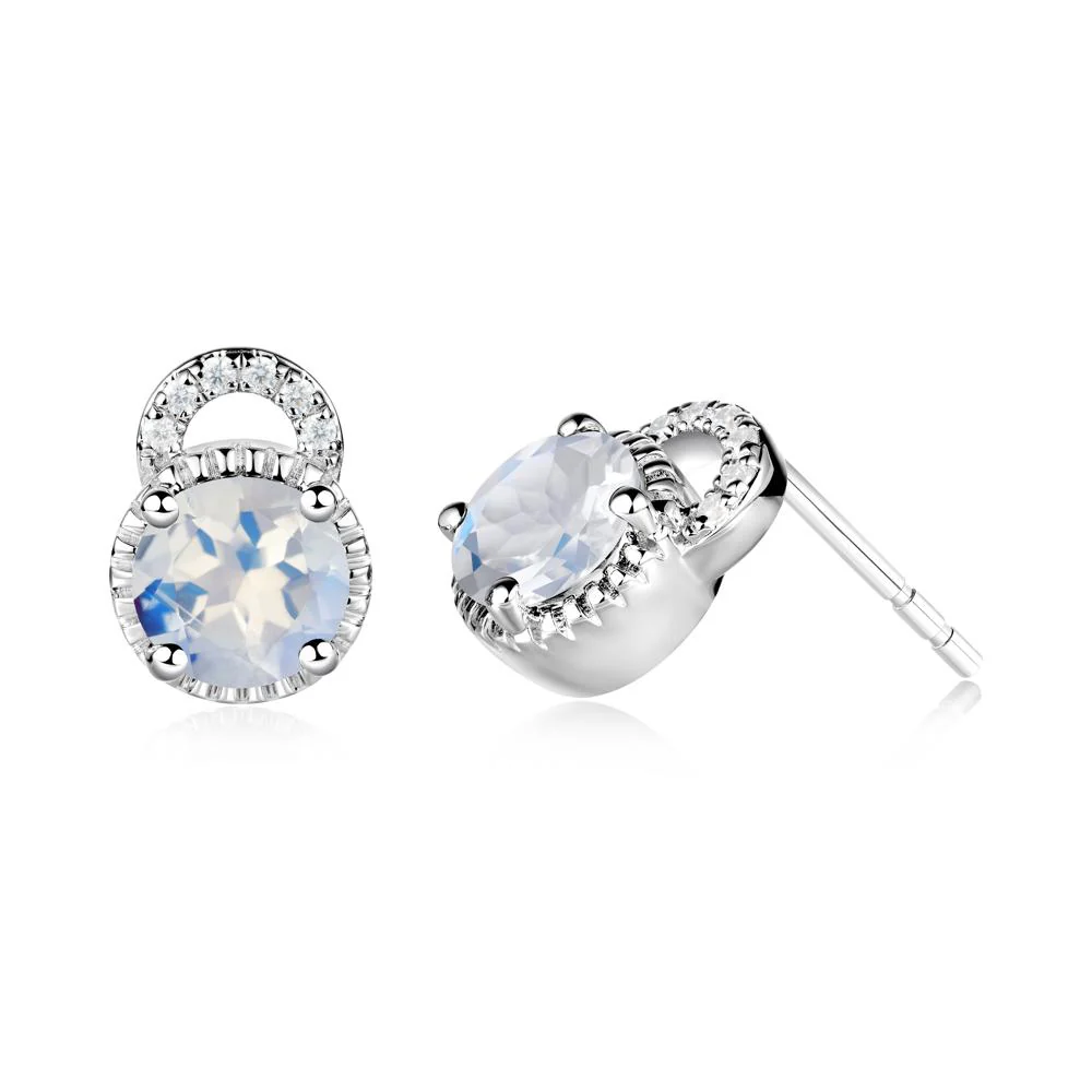 Round Cut Moonstone Halo Stud Earrings