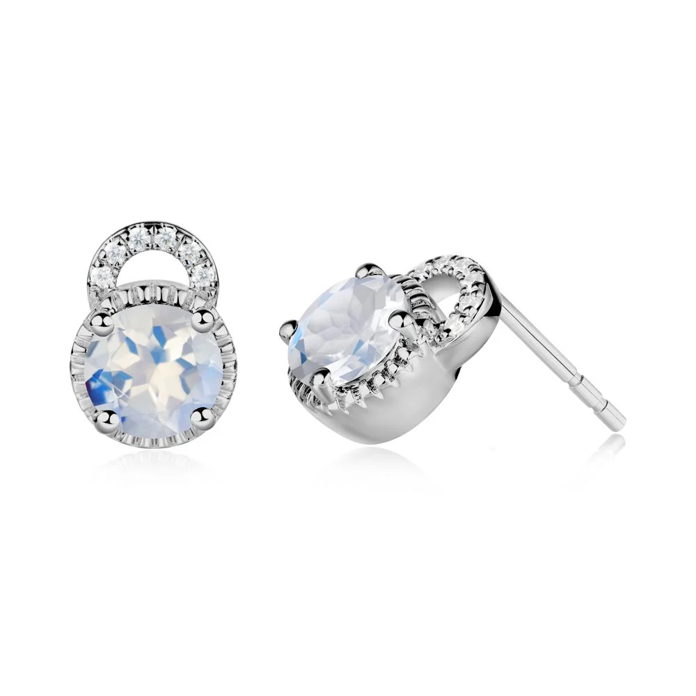 Round Cut Moonstone Halo Stud Earrings - Image 2