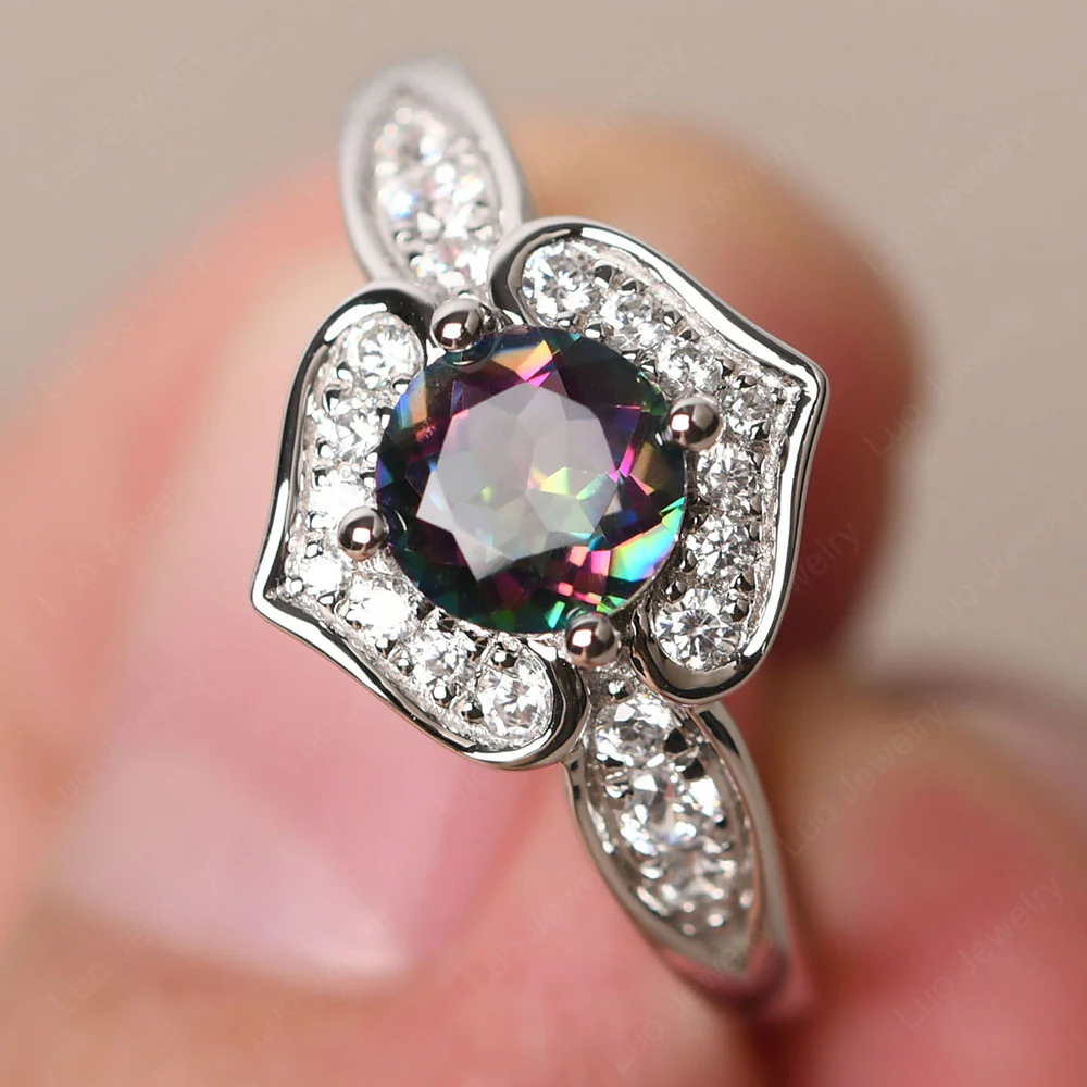 Round Cut Mystic Topaz Dainty Engagement Ring - Image 3