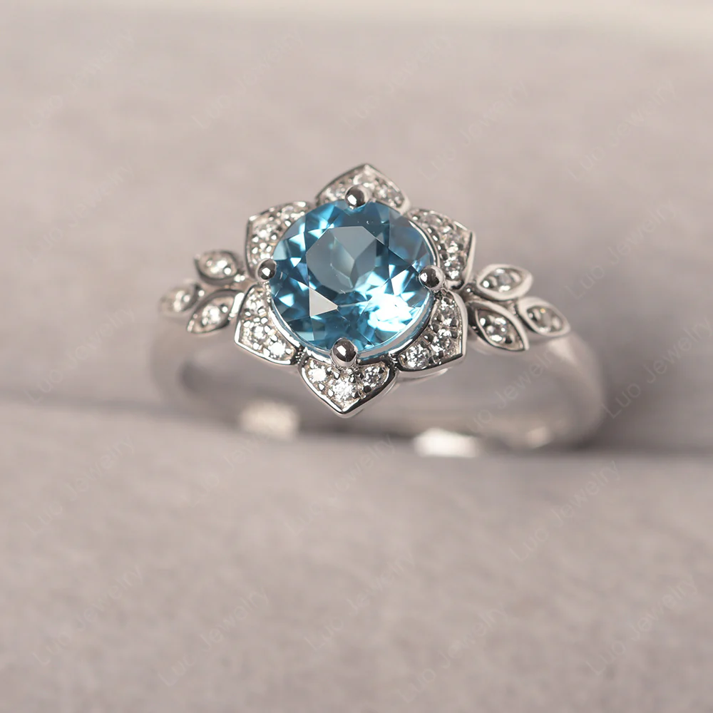 Swiss Blue Topaz Lotus Setting Engagement Ring - Image 2