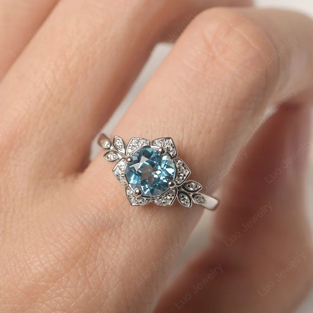 Swiss Blue Topaz Lotus Setting Engagement Ring - Image 5