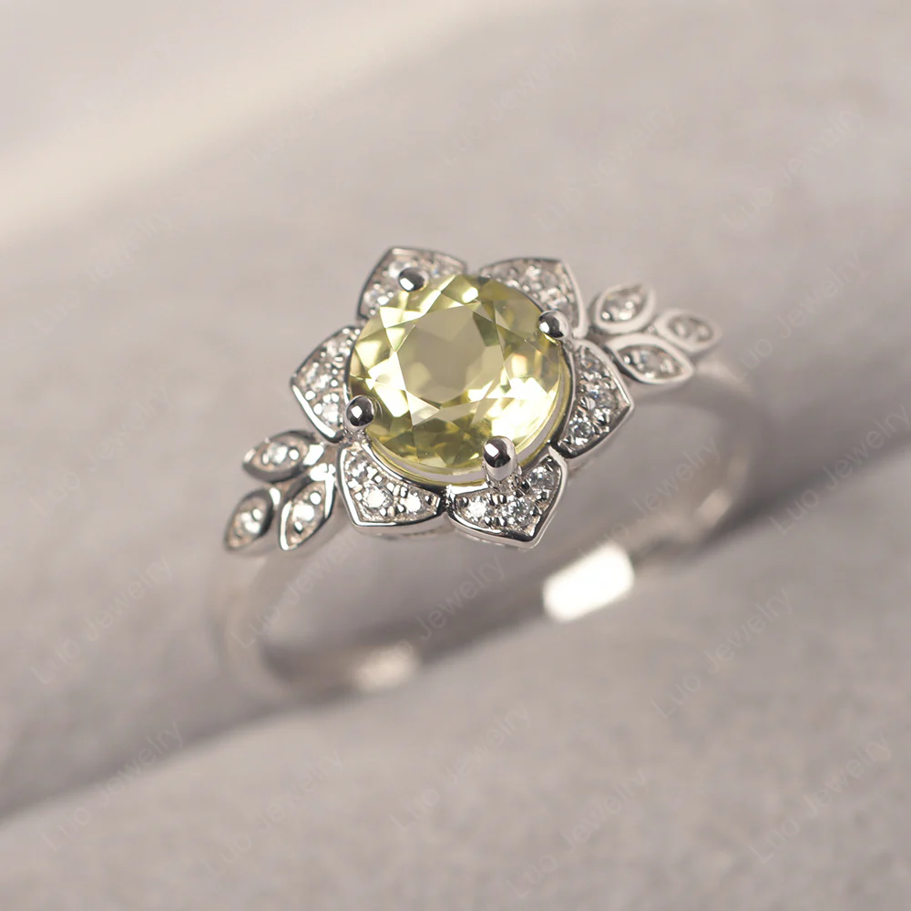 Lemon Quartz Lotus Setting Engagement Ring