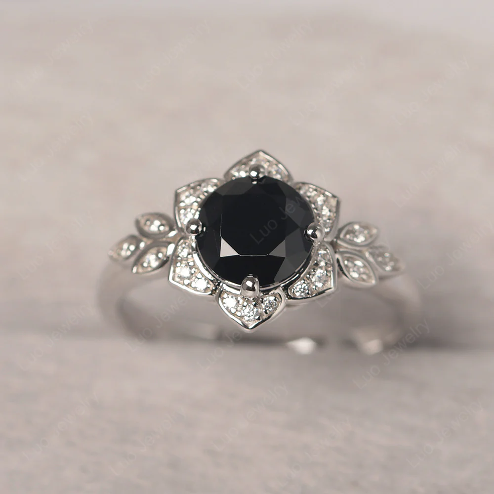 Black Spinel Lotus Setting Engagement Ring