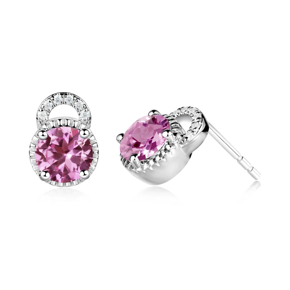 Round Cut Pink Sapphire Halo Stud Earrings - Image 3