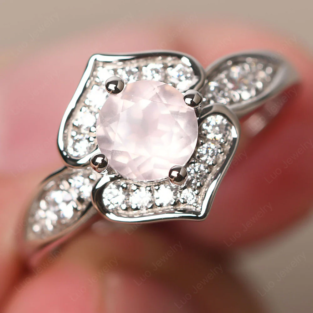 Round Cut Rose Quartz Dainty Engagement Ring