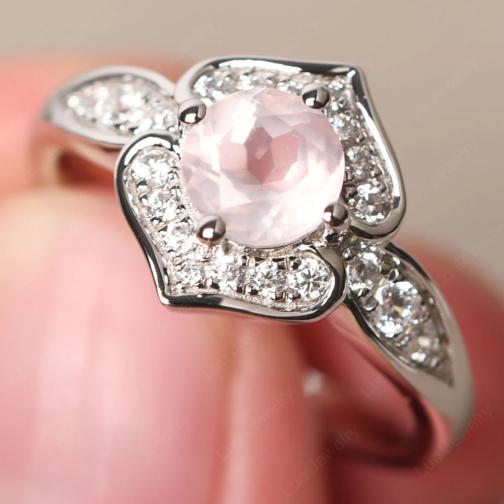 Round Cut Rose Quartz Dainty Engagement Ring - Image 2