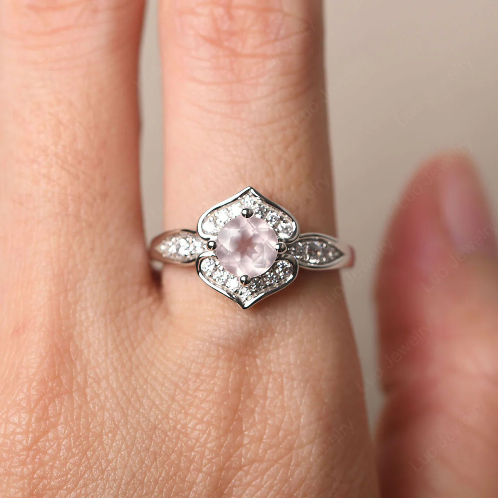Round Cut Rose Quartz Dainty Engagement Ring - Image 5