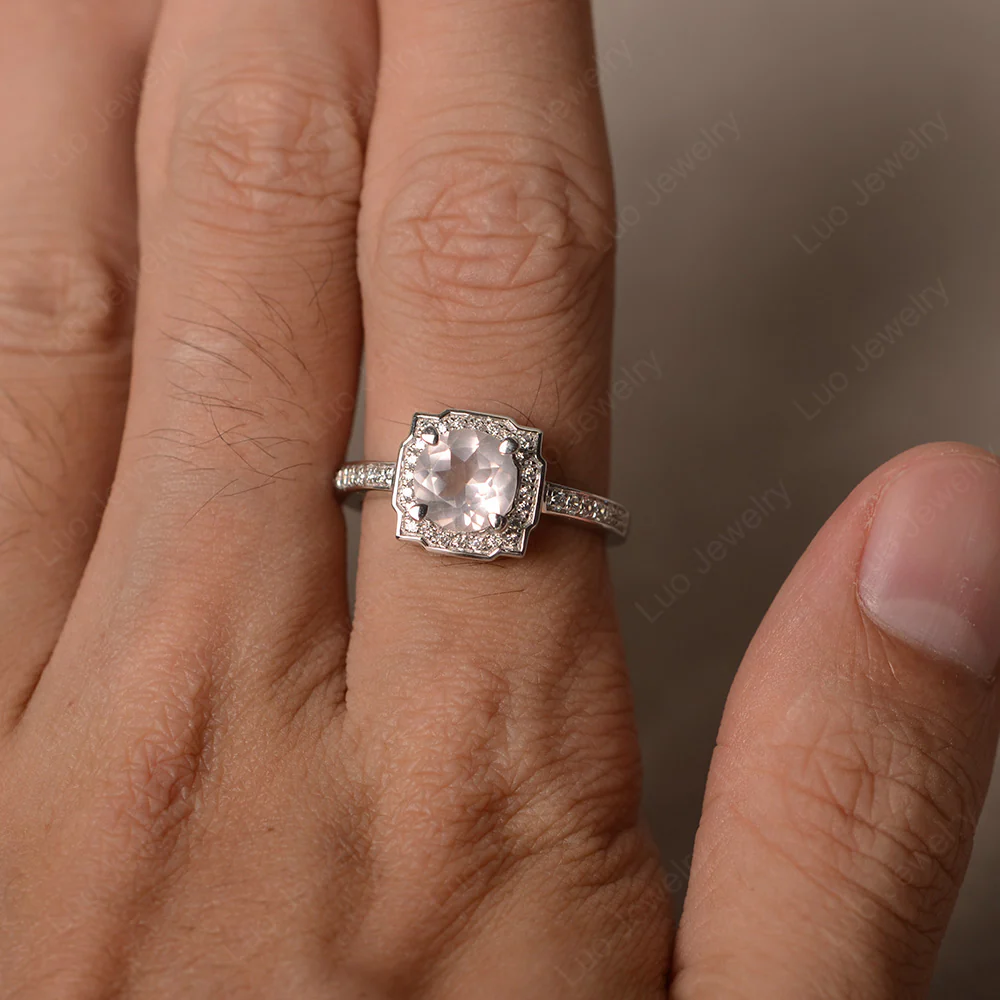 Round Cut Rose Quartz Halo Engagement Ring - Image 3
