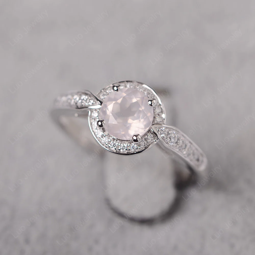 Round Cut Rose Quartz Halo Ring