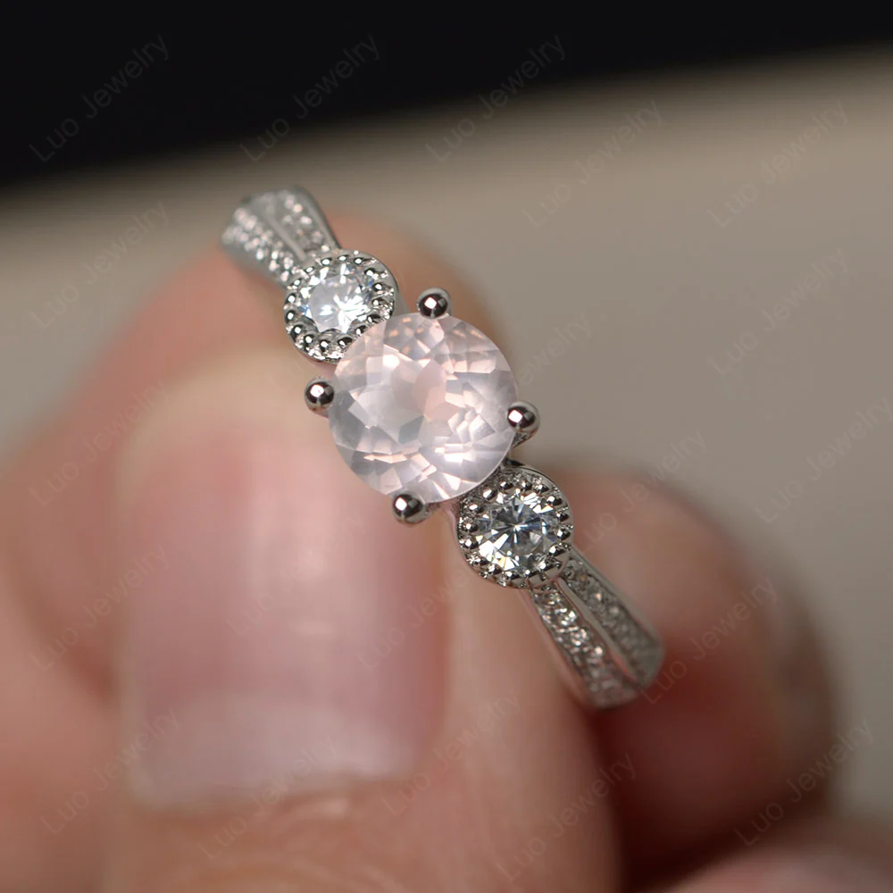 Rose Quartz Ring with Two Row Pave
