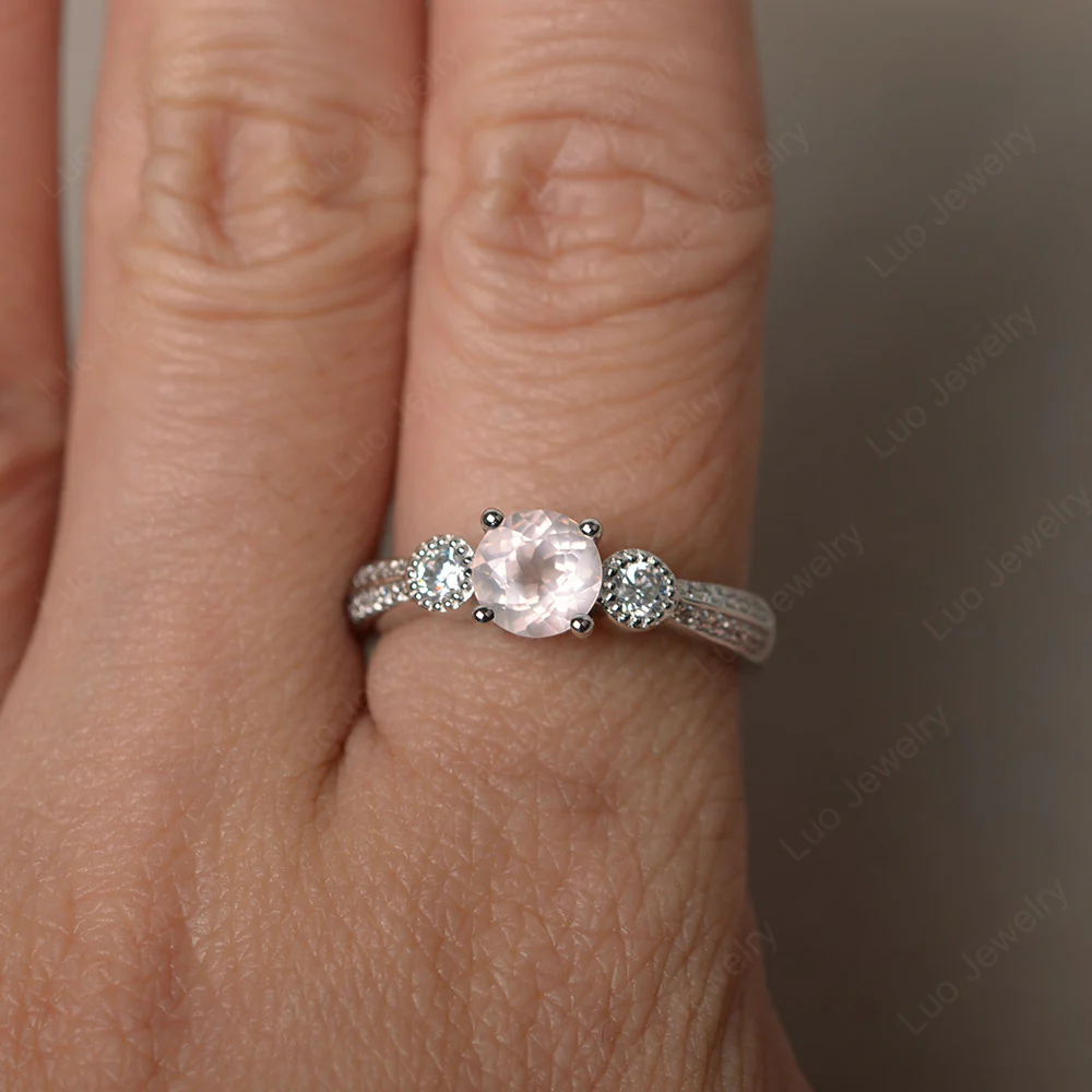 Rose Quartz Ring with Two Row Pave - Image 3