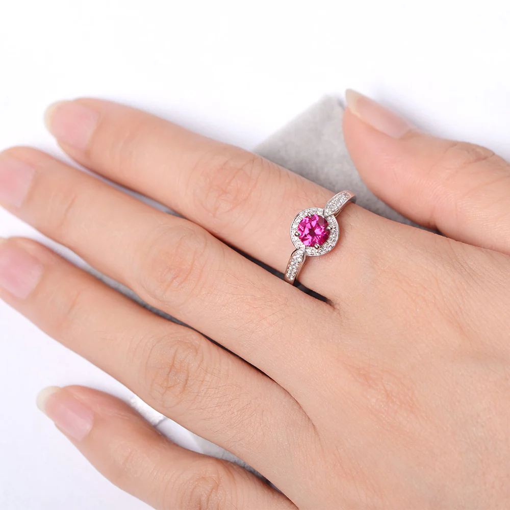 Round Cut Ruby Halo Ring - Image 4