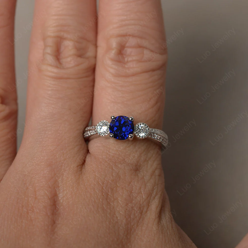 Sapphire Ring with Two Row Pave - Image 3