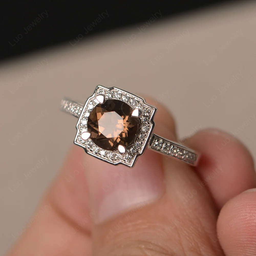 Round Cut Smoky Quartz Halo Engagement Ring