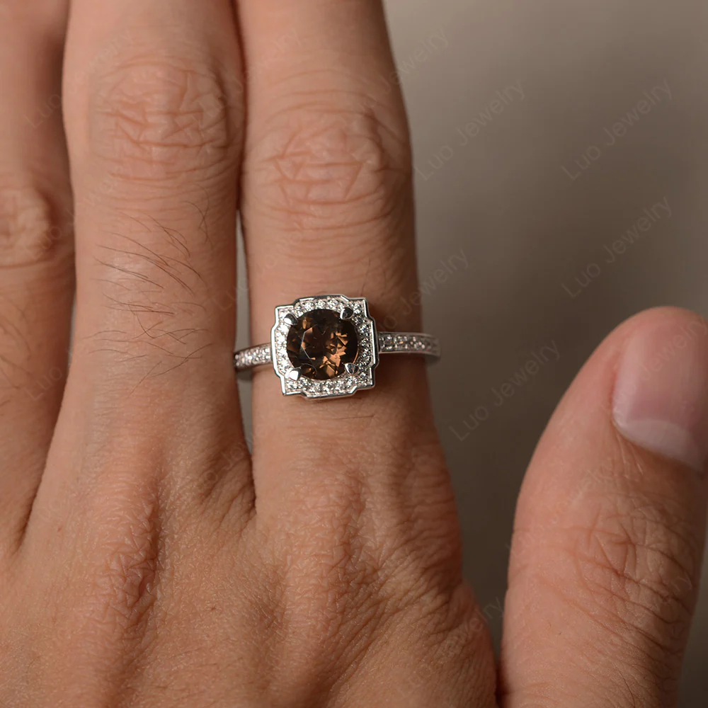 Round Cut Smoky Quartz Halo Engagement Ring - Image 3