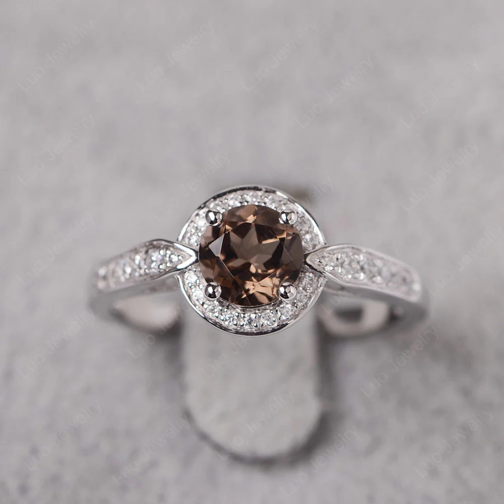 Round Cut Smoky Quartz Halo Ring