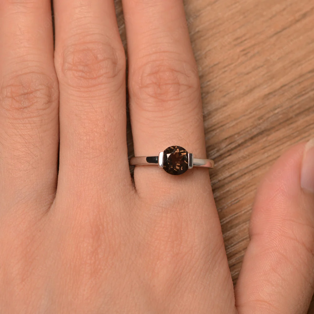 Round Cut Smoky Quartz Solitaire Bezel Ring - Image 4
