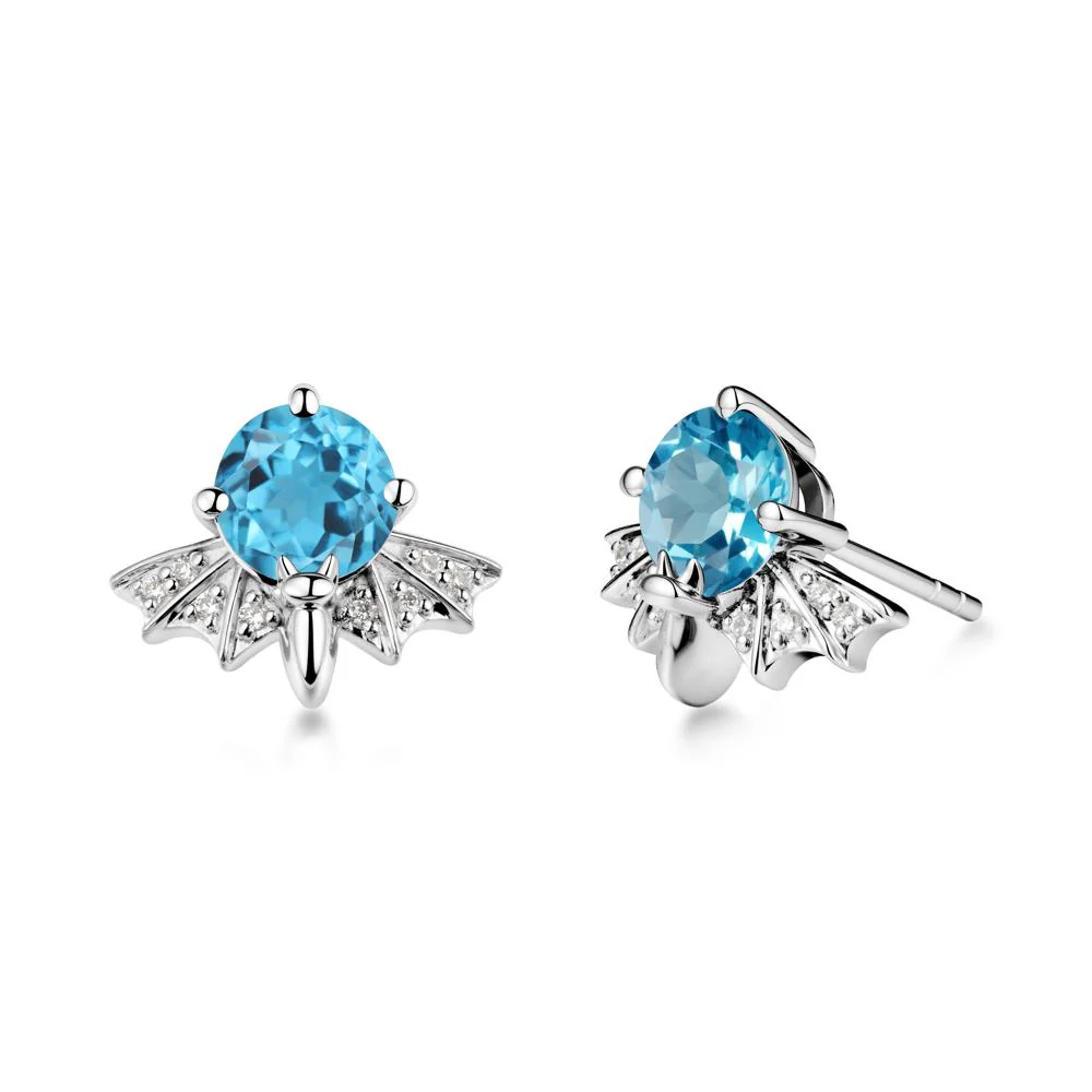 Round Cut Swiss Blue Topaz Bat Earrings - Image 5