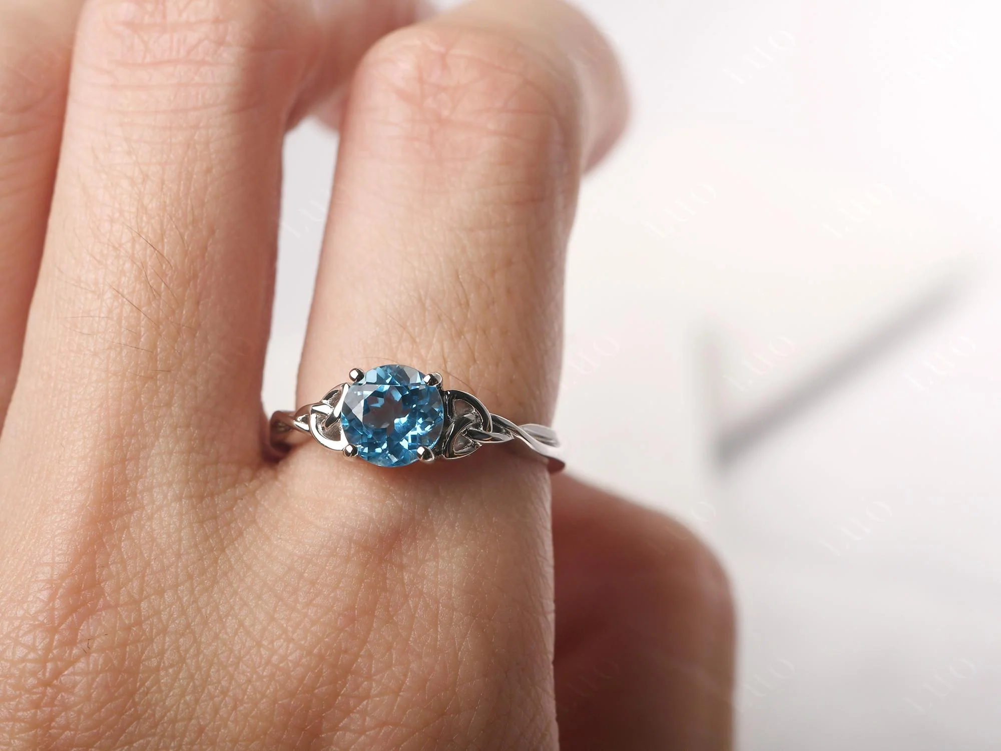 Round Cut Swiss Blue Topaz Celtic Ring - Image 33