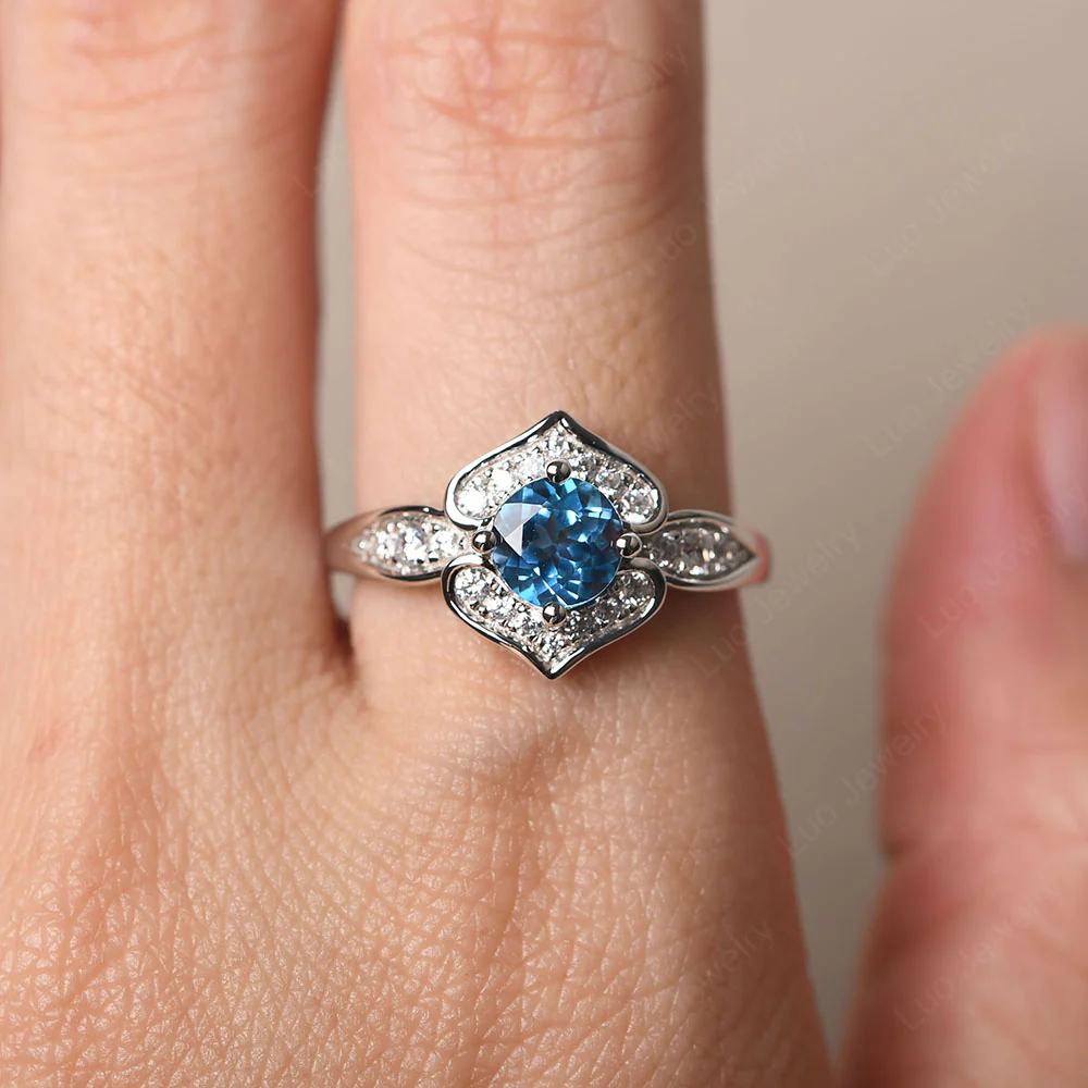 Round Cut Swiss Blue Topaz Dainty Engagement Ring - Image 5
