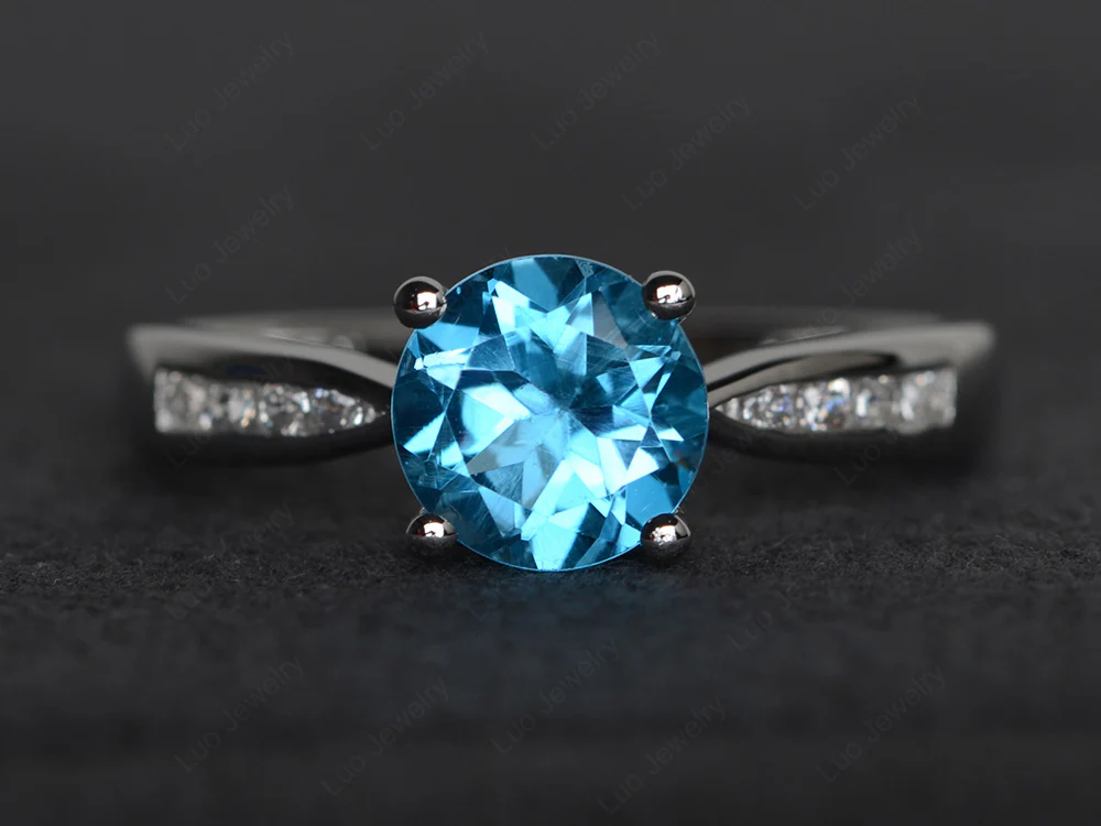 Swiss Blue Topaz Tapered Band Engagement Ring