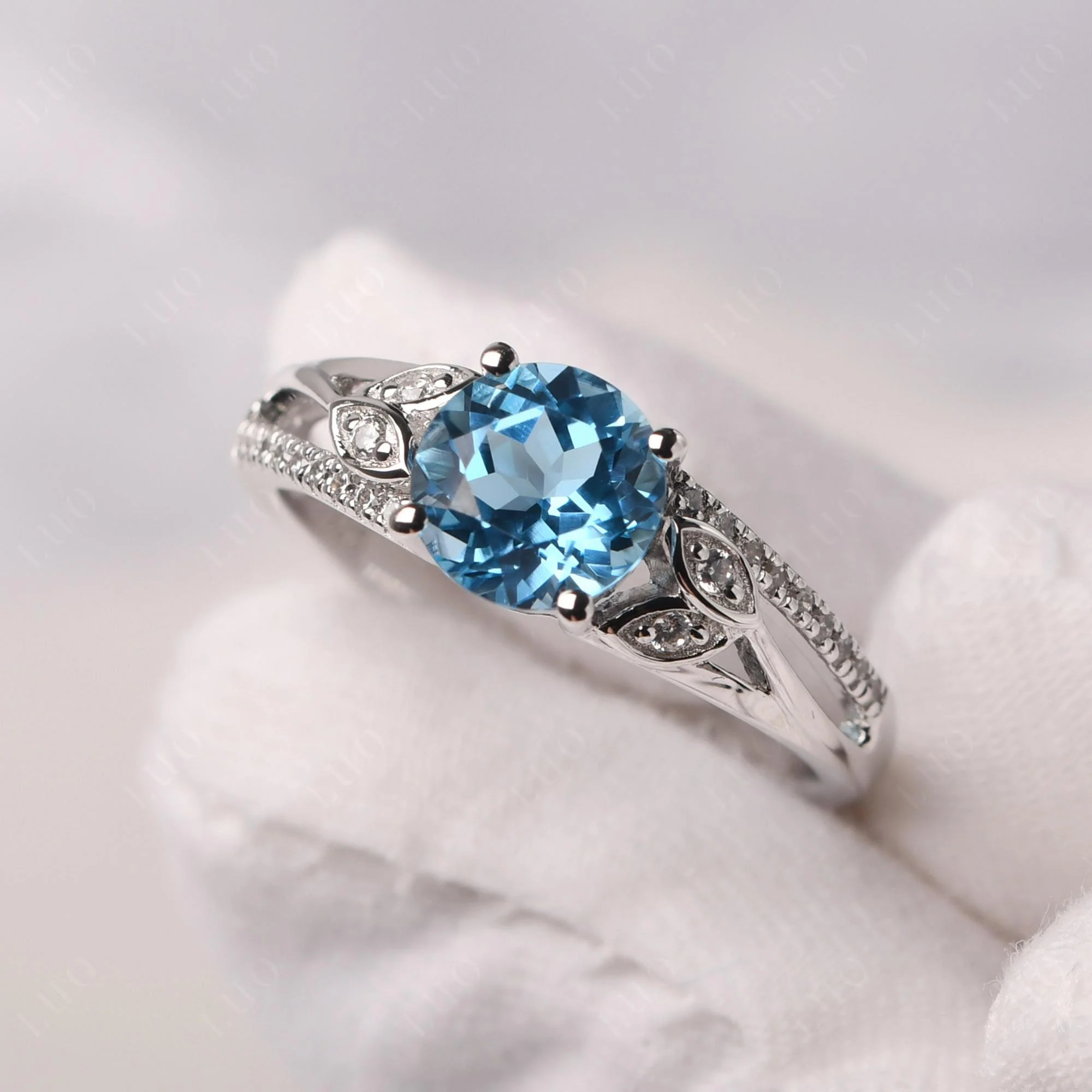 Leaf Inspired Swiss Blue Topaz Engagement Ring - Image 10