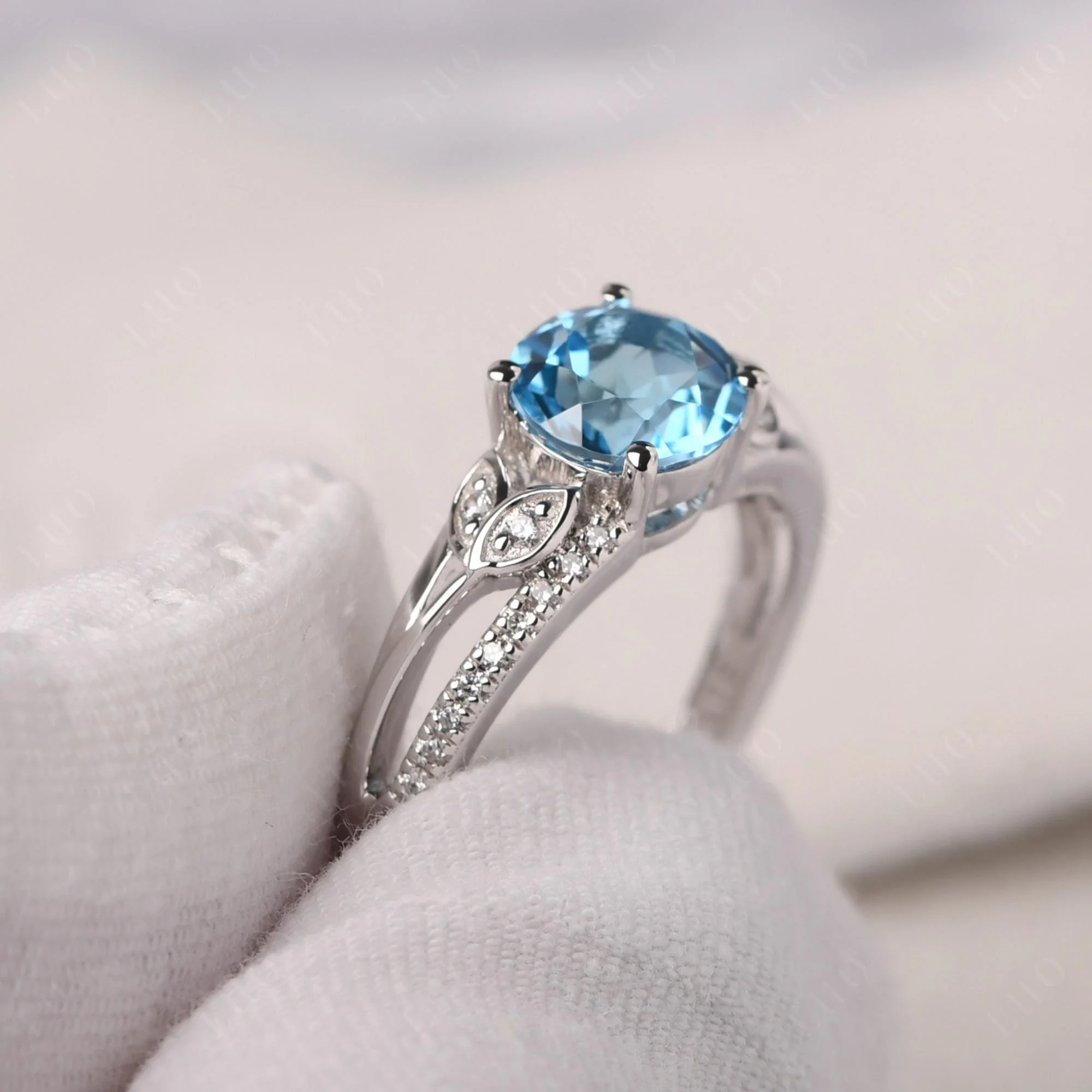Leaf Inspired Swiss Blue Topaz Engagement Ring - Image 11