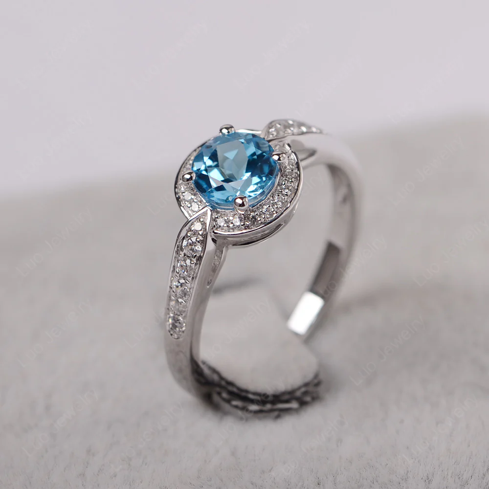 Round Cut Swiss Blue Topaz Halo Ring - Image 2