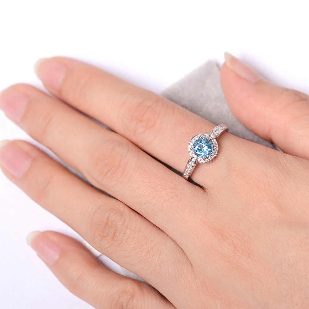 Round Cut Swiss Blue Topaz Halo Ring - Image 4