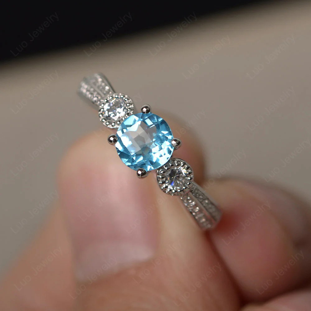Swiss Blue Topaz Ring with Two Row Pave